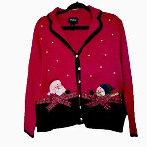 Vintage Studio Joy Christmas Cardigan Sweater With Santa & Snowman Red Size PL